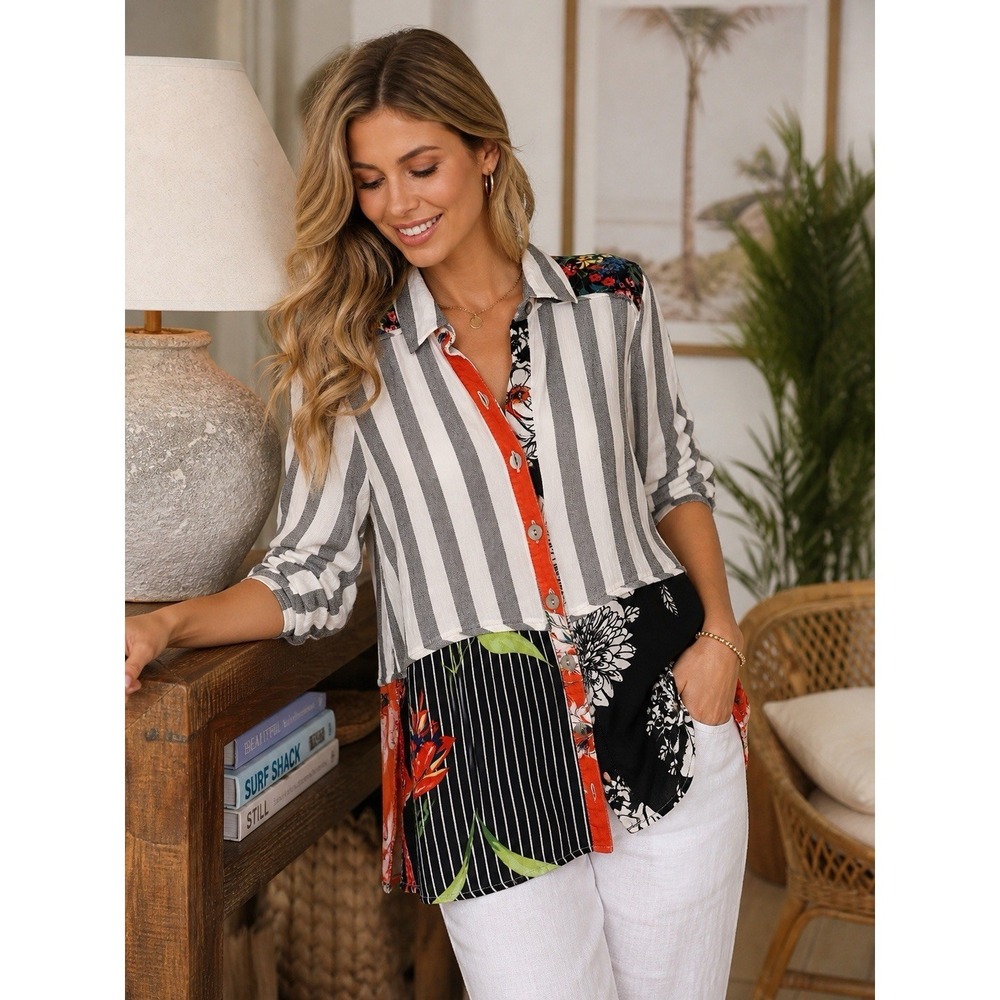 John Mark Women Shirt M Mixed Print Patchwork Boho Floral Stripe Roll Tab *Read*